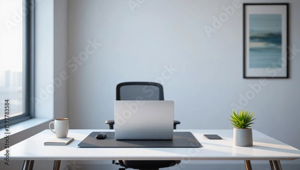 Obraz modern office desk, workspace setup, laptop on table, home office design, minimalist workspace, office interior, contemporary desk setup, clean office space, work from home, remote work setup, stylish