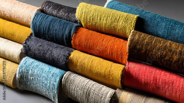 Fototapeta A vibrant display of various textured fabric swatches in rich colors, perfect for design inspiration.