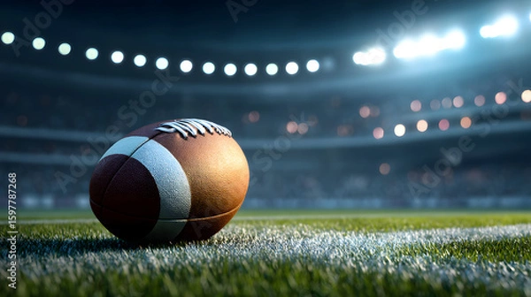 Fototapeta An American football rests on the field, illuminated by stadium lights, ready for the game to begin.