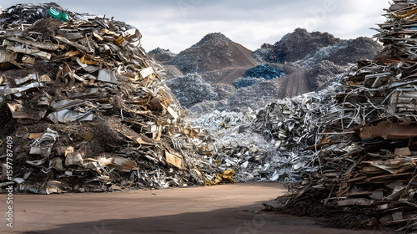 Fototapeta A vast scrapyard filled with heaps of metal scraps and debris under a cloudy sky.