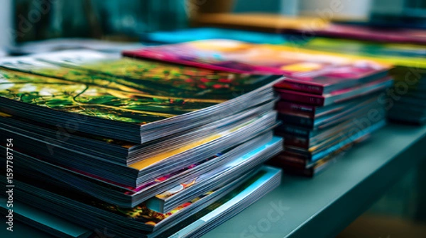 Fototapeta A vibrant stack of colorful magazines showcasing imaginative cover designs in a well-lit indoor setting.