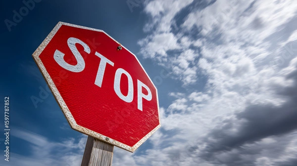 Fototapeta A bold red stop sign stands out against a dramatic sky with fluffy clouds.