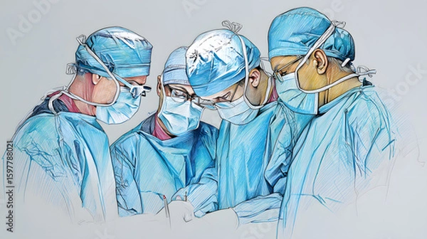 Fototapeta A diverse group of surgical professionals in scrubs and masks focused on a complex operation.