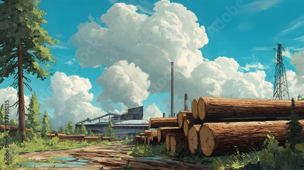 Fototapeta A scenic view of a lumber yard with freshly cut logs under a bright blue sky filled with fluffy clouds.