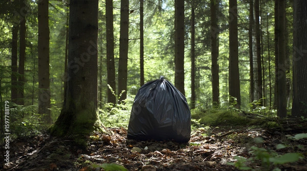 Fototapeta A black garbage bag sits abandoned in a lush green forest, highlighting environmental neglect.