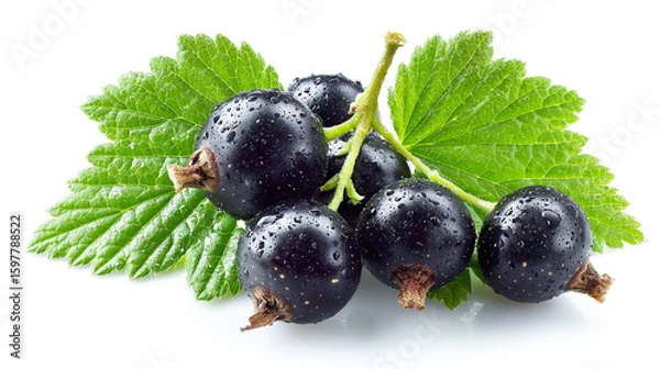 Fototapeta Black currant berries with leaves on a white background, top view isolated. Black berry fruits for healthy eating and skin care concepts.