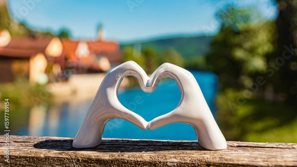 Fototapeta Heart hands gesture with a 3D printed sculpture - free model from thingiverse - at Essing, Kelheim, Bavaria, Germany