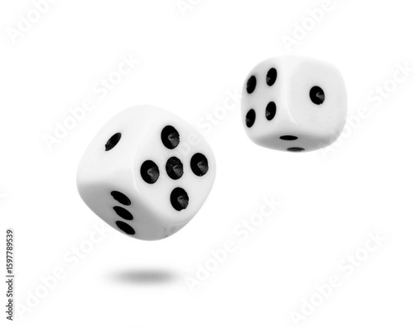 Fototapeta Two old dice float from roll isolated on transparent background or png file.