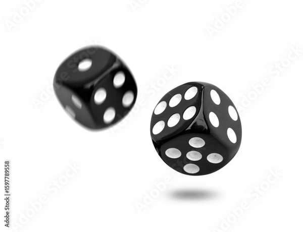 Fototapeta Two old black dice float from roll isolated on transparent background or png file.