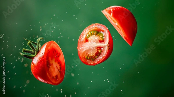 Obraz Fresh tomato slices appear to levitate, shining with droplets over a bold green background