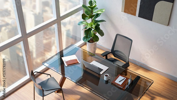 Obraz modern office desk, workspace setup, laptop on table, home office design, minimalist workspace, office interior, contemporary desk setup, clean office space, work from home, remote work setup, stylish