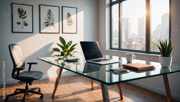 Obraz modern office desk, workspace setup, laptop on table, home office design, minimalist workspace, office interior, contemporary desk setup, clean office space, work from home, remote work setup, stylish