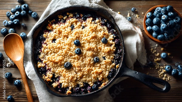 Fototapeta Cast-iron pan with blueberry and maple crumble, on top of a white linen napkin, wooden table with scattered ingredients for the cropped shoulder shot,
