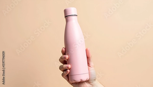 Fototapeta シンプルなベージュ背景に映えるピンクの再利用可能ボトル ─ 手に持たれたエコフレンドリーなデザインボトルが際立つミニマルで環境意識の高い製品イメージ