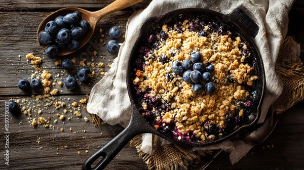 Fototapeta Cast-iron pan with blueberry and maple crumble, on top of a white linen napkin, wooden table with scattered ingredients for the cropped shoulder shot,