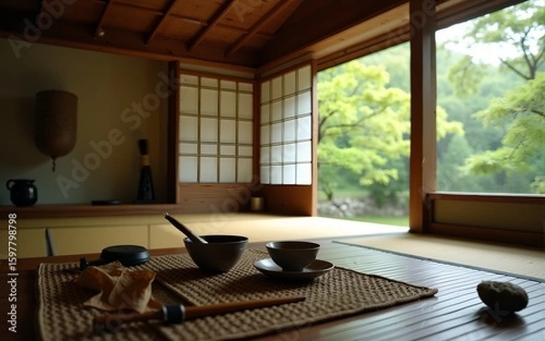 Obraz The quiet beauty of a Kyoto tea house, with a focus on the ceremonial tools and the calming ambiance of the natural surroundings. High quality