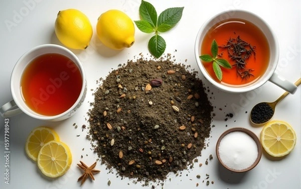 Obraz Creative composition witn variety of tea, sugar, lemon and other accessories for making tea. High quality