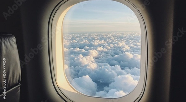 Fototapeta Airplane window view of fluffy clouds