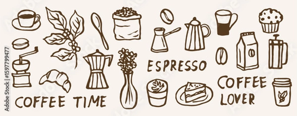 Fototapeta Hand drawn doodle coffee elements