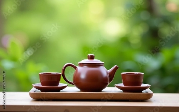 Obraz Little brown ceramic teapot and cups on wooden stand, green garden background. Close-up, copy space, horizontal layout. High quality