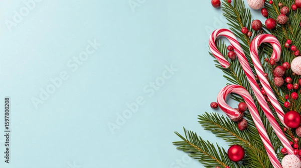 Fototapeta Christmas background with candy canes, pine branches, and red ornaments on the left side of a flat color backdrop.