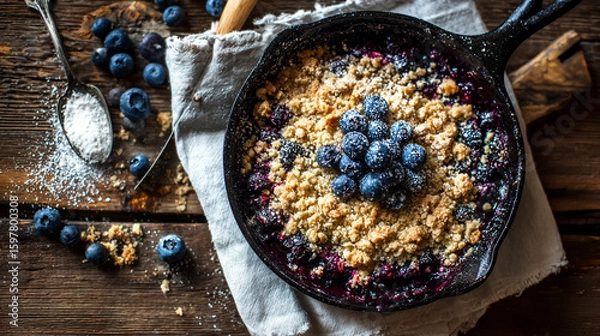 Fototapeta Cast-iron pan with blueberry and maple crumble, on top of a white linen napkin, wooden table with scattered ingredients for the cropped shoulder shot,