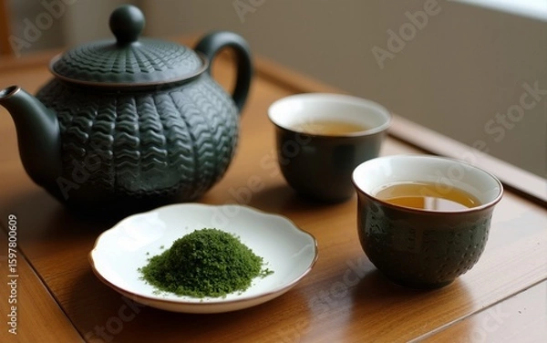 Obraz A traditional teapot and teacups on a wooden table with a green tea leaf on a small plate. High quality