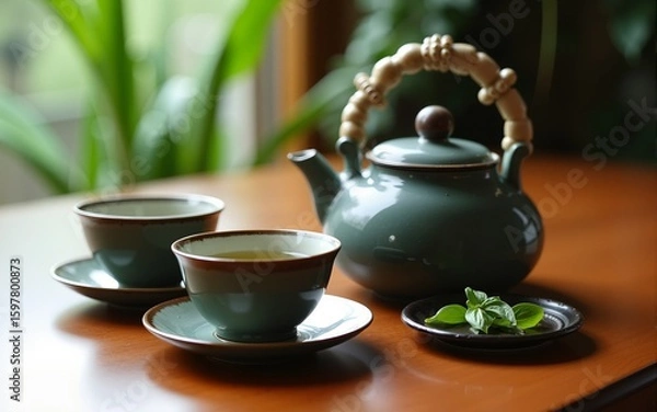 Obraz A traditional teapot and teacups on a wooden table with a green tea leaf on a small plate. High quality