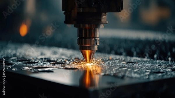 Obraz Cutting sparks reflect off smooth metal surface under dim industrial light