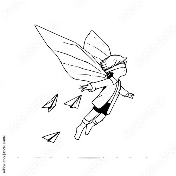 Fototapeta Illustration of a blindfolded child with wings flying alongside paper airplanes in black and white style