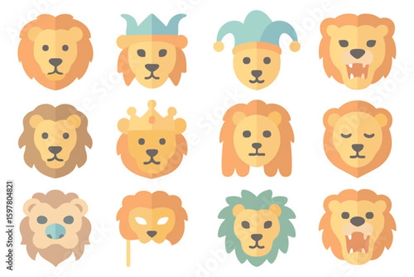 Obraz Lion faces vector illustration collection for graphic design, flat style icons