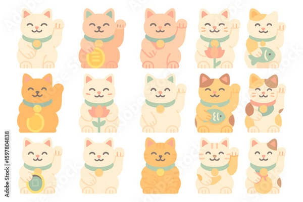 Fototapeta Cute maneki neko cats vector illustration for lucky decor design in pastel flat style