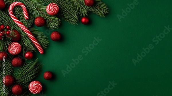 Fototapeta Christmas background with candy canes, pine branches, and red ornaments on the left side of a flat color backdrop.