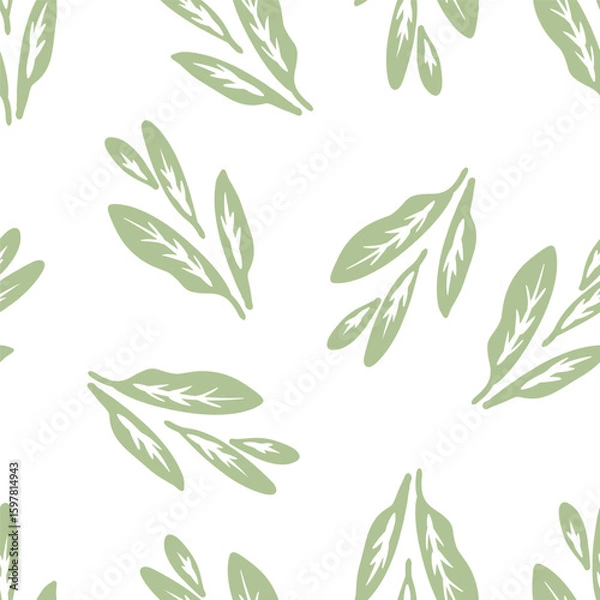 Fototapeta Seamless pattern of light green leaves on a white background. Vector illustration
