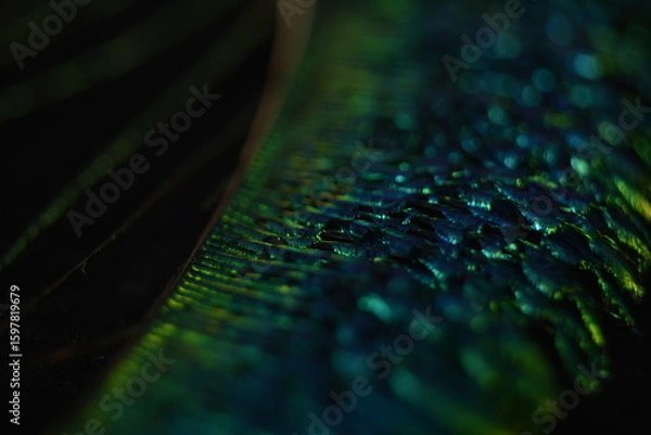 Fototapeta Macro shot of vibrant peacock feather glowing in shimmering light