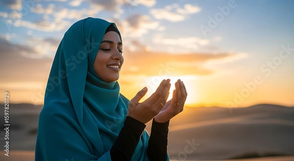 Fototapeta Woman in hijab praying at sunset with hands raised in supplication and serene expression