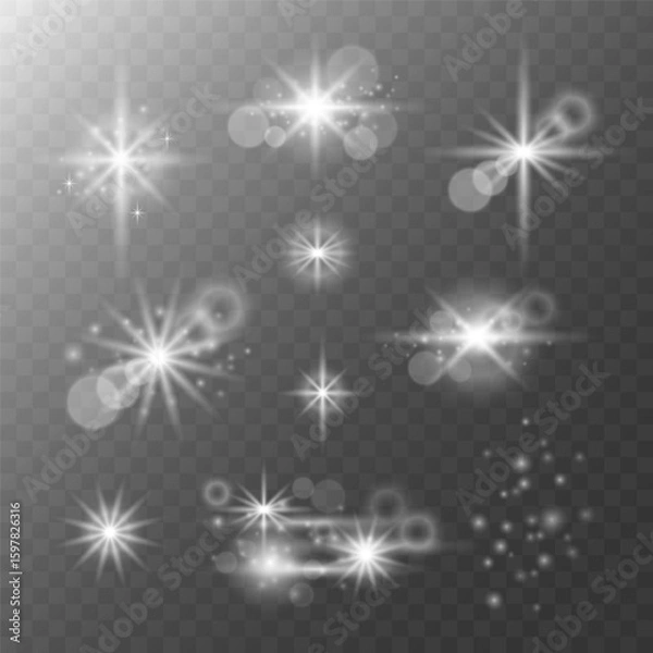 Fototapeta Set of monochrome glare particles, stars, bokeh light and transparent glare effects.