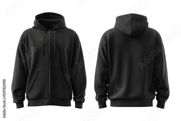 Fototapeta Mockup of a black zip-up hoodie. Front and back views