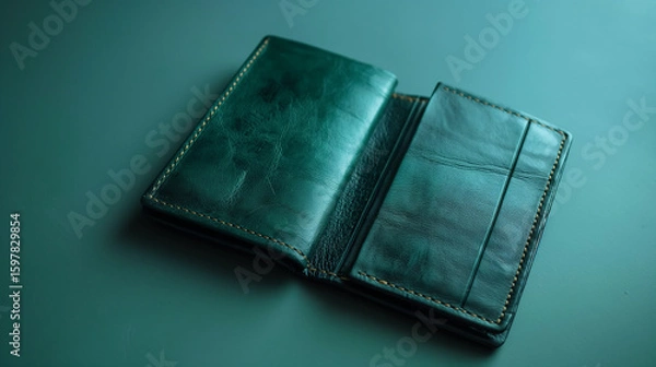 Fototapeta Business card holder in emerald green leather displaying sleek elegance, perfect for storing credit cards. Business card holder, designed with premium leather,