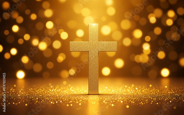 Fototapeta Golden Christian Cross with Sparkling Bokeh Background