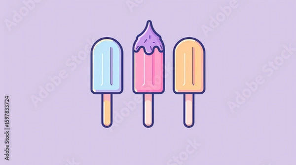 Obraz Delicious pastel ice pops illustrated simply over soft purple background, clean space ideal design