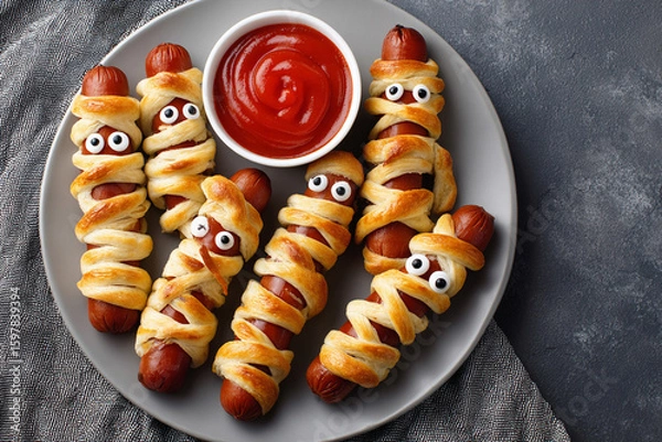 Fototapeta Fun hot dog mummies wrapped in pastry sit on a plate with a bowl of ketchup, perfect for a Halloween-themed celebration at home