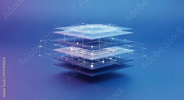 Obraz Quantum Information Layer Stack with Diffuse Signal Lines and Floating Rectangular Modules in Blue-Purple Gradient