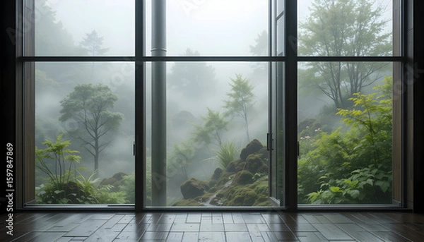 Fototapeta Misty Forest View Through an Open Window, Revealing a Serene and Hazy Landscape with Lush Green Trees

