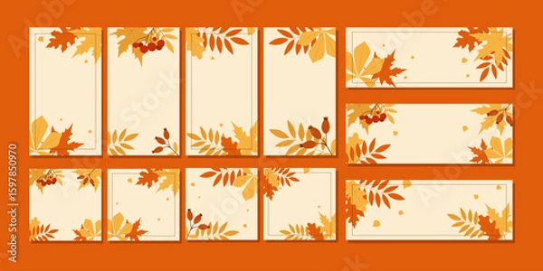 Obraz Big collection of fall backgrounds with autumn leaves and copy space for text. Vector illustration for seasonal design, Thanksgiving, invitations and autumn sale banners
