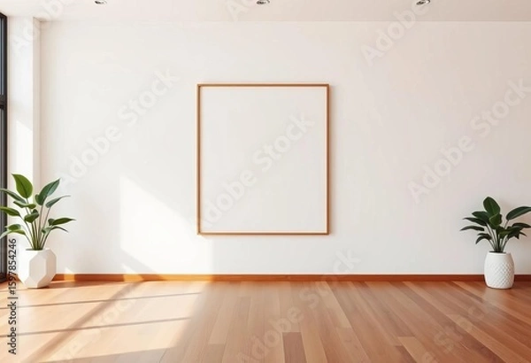 Fototapeta Empty minimalist room, large blank poster frame, simple decor,  graphic,  monochrome