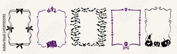 Fototapeta Set of hand drawn doodle Halloween frames. Coquette ribbon bows, bats border, witch potions, bones and skulls. Spooky vector graphic decoration for greeting cards, party invitations, posters.