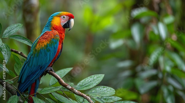 Obraz Colorful Macaw Perched on Branch in Lush Tropical Forest Scene 