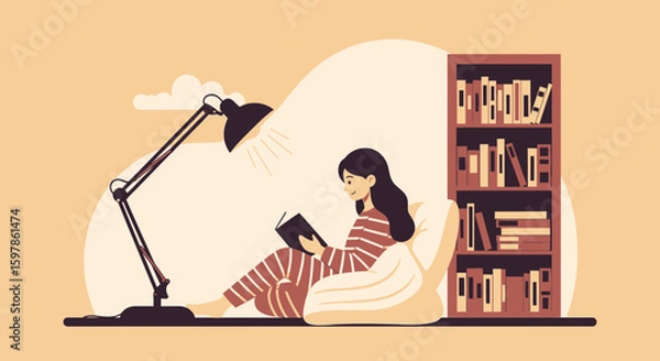 Fototapeta Cozy Evening Reading A Book In Comfortable Pajamas With Lamp Light