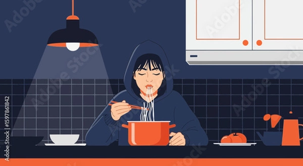 Fototapeta Cozy Evening With Noodles At Home In Minimalist Style Illustration